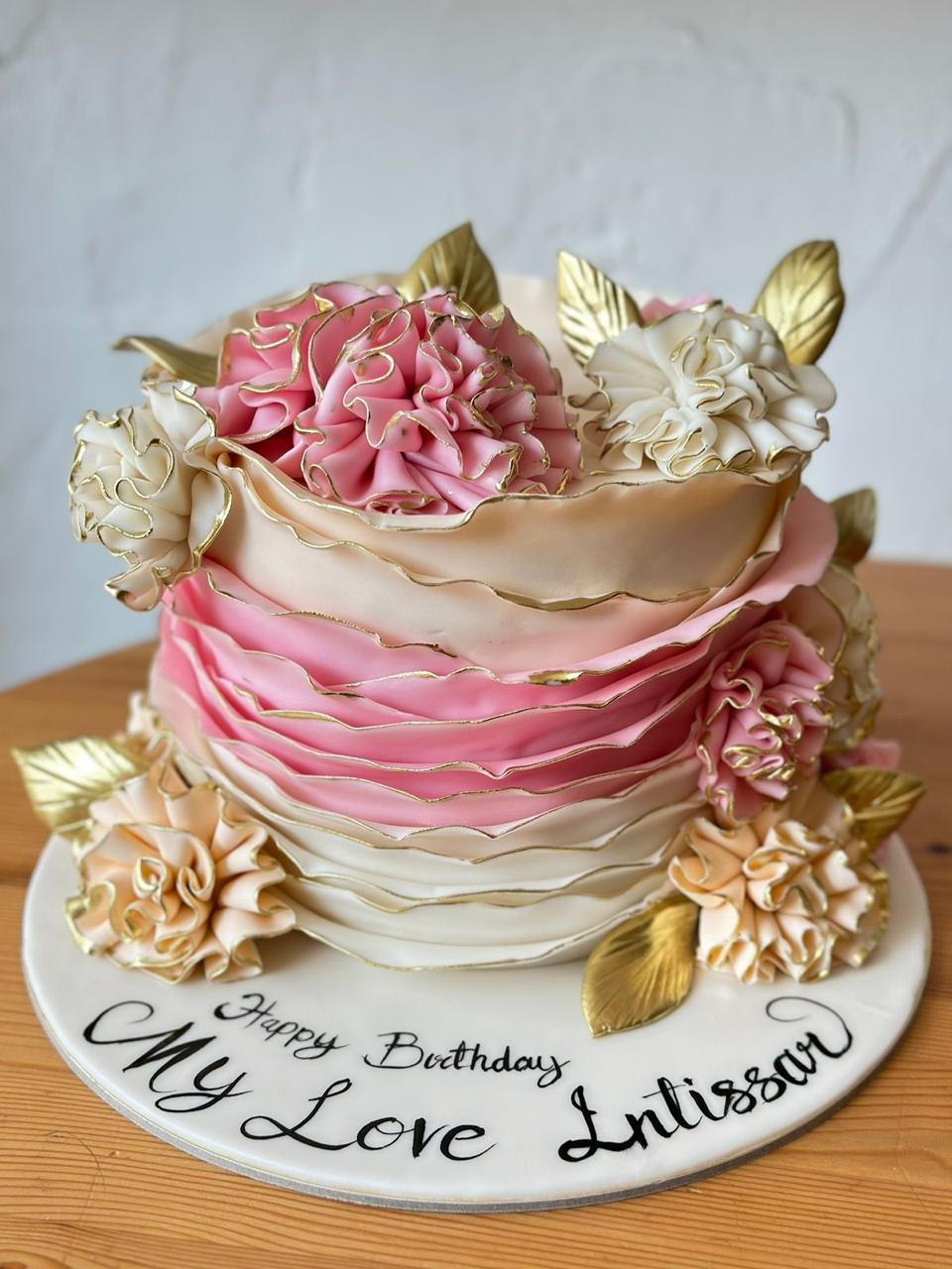 Gold & Pink -3D Fondant Flower Cake